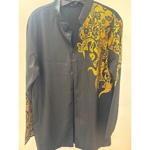 Design Fashion Mens Bk yellow Graphic Print Mandarin Collar Button Down Shirt M